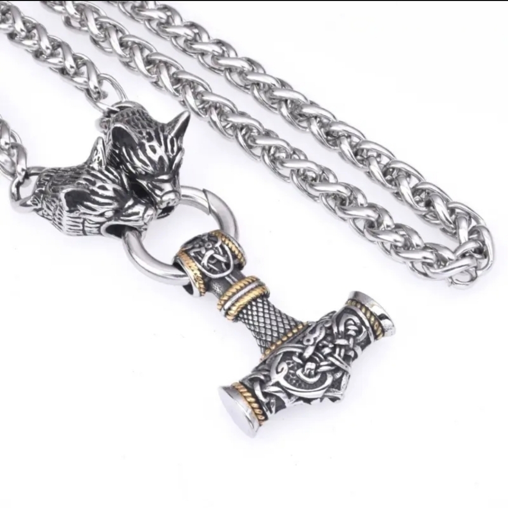 Wolf Head Mjolnir Thor Hammer Pendant Steel Necklace Viking Celtic Norse - Picture 4 of 4